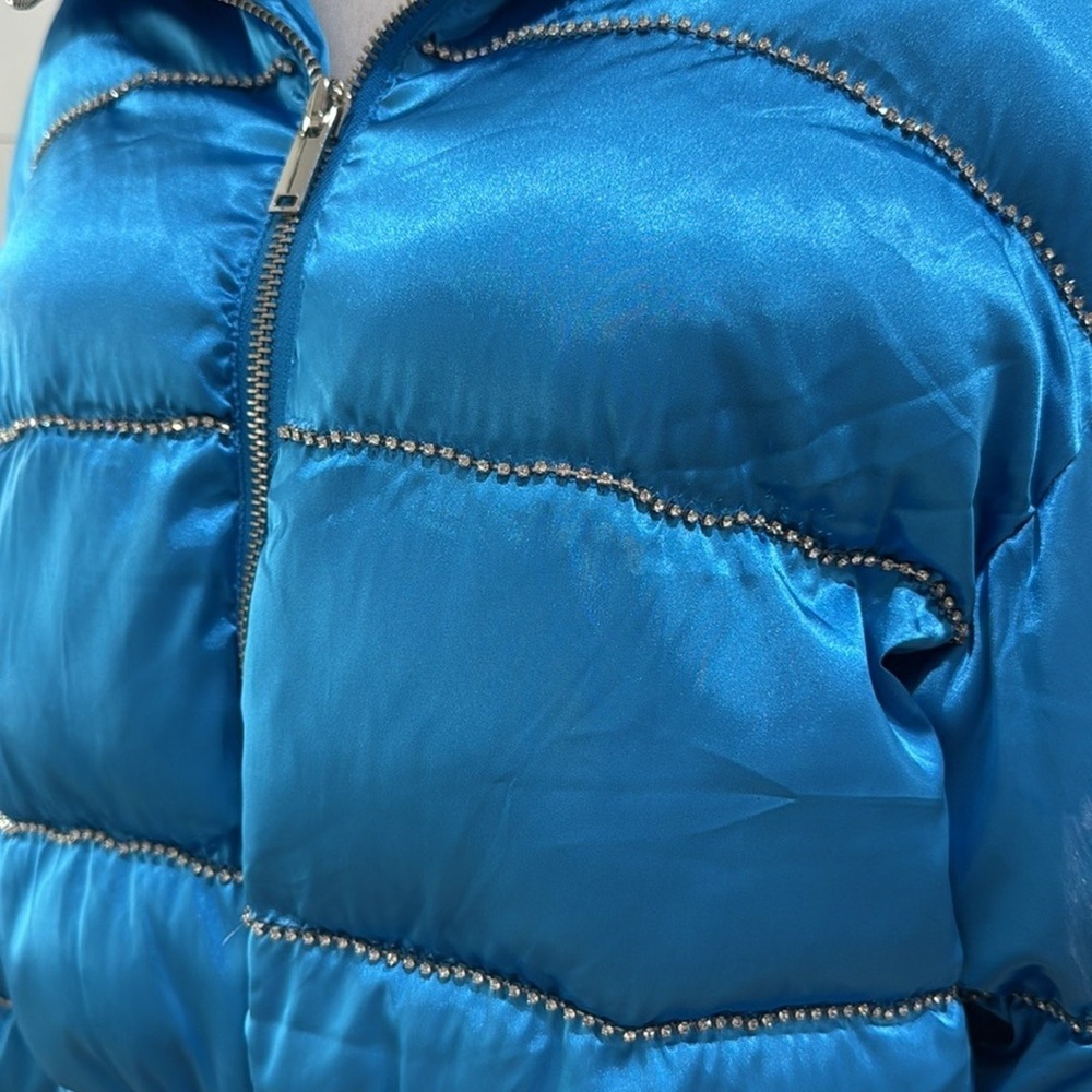 POSTER GIRL Blue Satin Rhinestone Cropped Puffer Snow Bunny Jacket - Picture 3 of 6